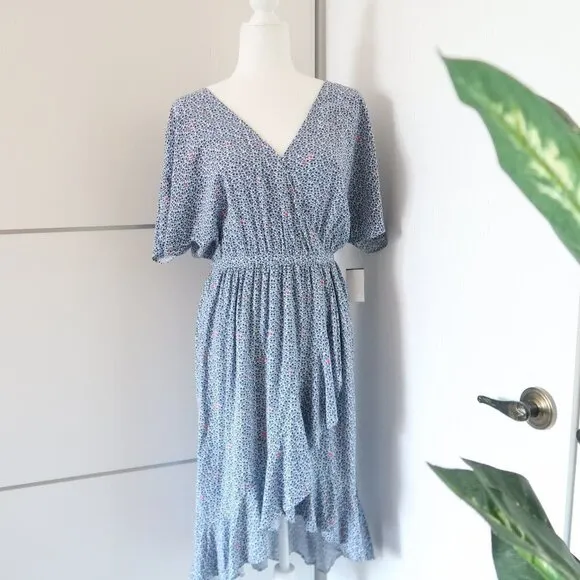J. Crew Mercantile Blue &amp; White Floral Ruffle Wrap Surplice V-neck Midi Dress