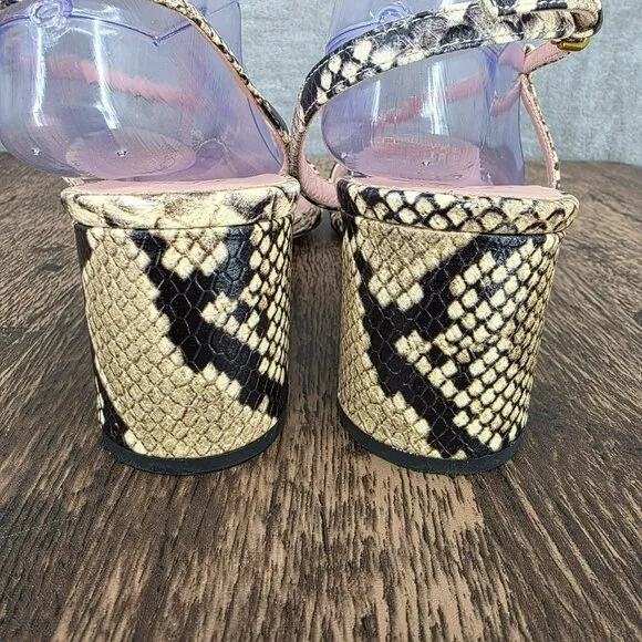 J Crew Odette Strappy Sandals 10.5 Black Cream Snake Embossed Leather Block Heel