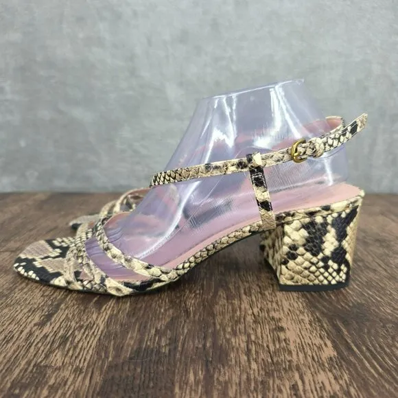 J Crew Odette Strappy Sandals 10.5 Black Cream Snake Embossed Leather Block Heel