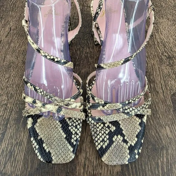J Crew Odette Strappy Sandals 10.5 Black Cream Snake Embossed Leather Block Heel