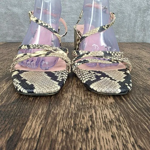 J Crew Odette Strappy Sandals 10.5 Black Cream Snake Embossed Leather Block Heel