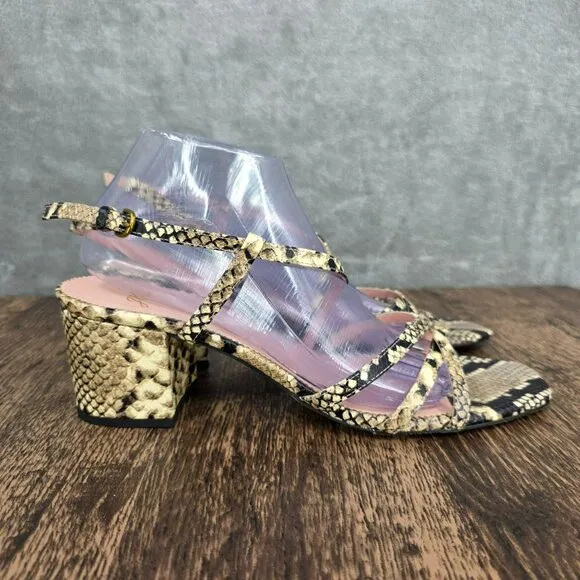 J Crew Odette Strappy Sandals 10.5 Black Cream Snake Embossed Leather Block Heel