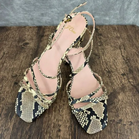 J Crew Odette Strappy Sandals 10.5 Black Cream Snake Embossed Leather Block Heel