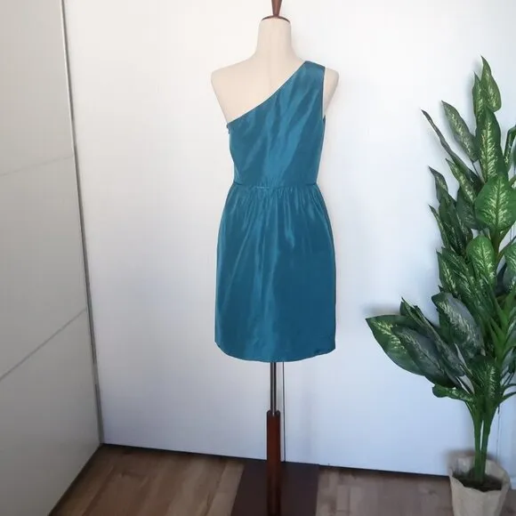 𝅺J. Crew Turquoise 100% Silk One Shoulder Sleeveless Pencil Mini Dress Size 4