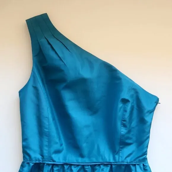 𝅺J. Crew Turquoise 100% Silk One Shoulder Sleeveless Pencil Mini Dress Size 4