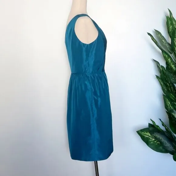 𝅺J. Crew Turquoise 100% Silk One Shoulder Sleeveless Pencil Mini Dress Size 4