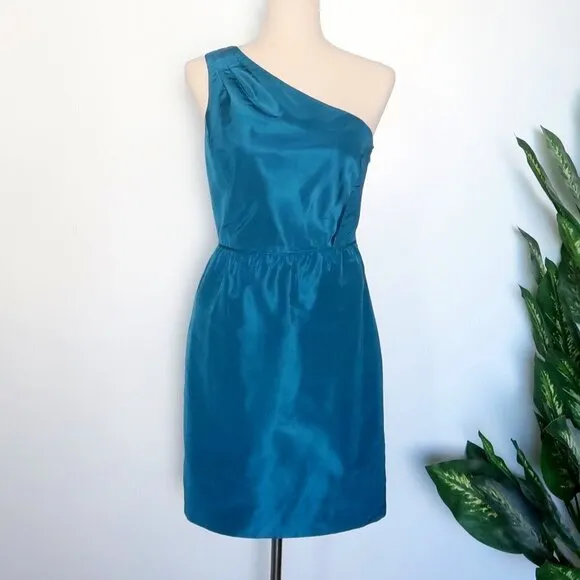 𝅺J. Crew Turquoise 100% Silk One Shoulder Sleeveless Pencil Mini Dress Size 4
