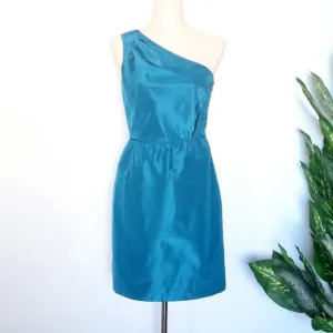 𝅺J. Crew Turquoise 100% Silk One Shoulder Sleeveless Pencil Mini Dress Size 4