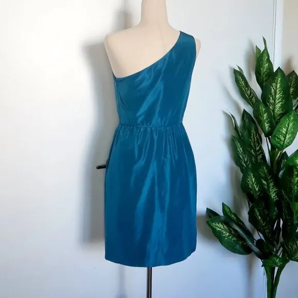 𝅺J. Crew Turquoise 100% Silk One Shoulder Sleeveless Pencil Mini Dress Size 4