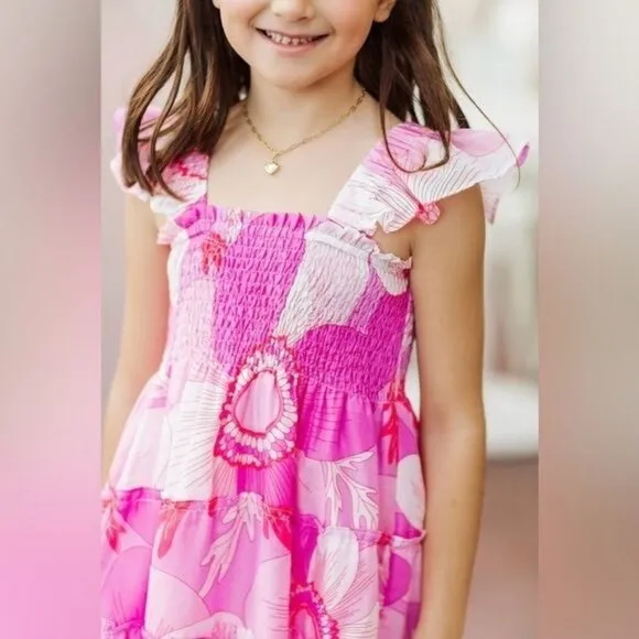 J. Marie Maisie Baby Dress 2T-5T Pink Purple Floral Ruffle Straps Smocked Bodice