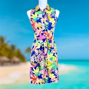 J. McLaughlin Hibiscus Floral Sleeveless Dress Pockets Blue Pink White XS NWT