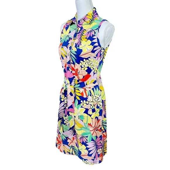 J. McLaughlin Hibiscus Floral Sleeveless Dress Pockets Blue Pink White XS NWT