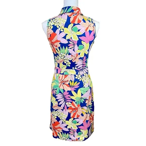 J. McLaughlin Hibiscus Floral Sleeveless Dress Pockets Blue Pink White XS NWT