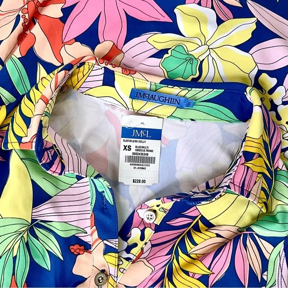 J. McLaughlin Hibiscus Floral Sleeveless Dress Pockets Blue Pink White XS NWT