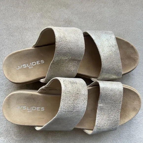 J Slides NYC Quincy Metallic Gold Brushed Suede Platform Sandals Women US 9.5 M
