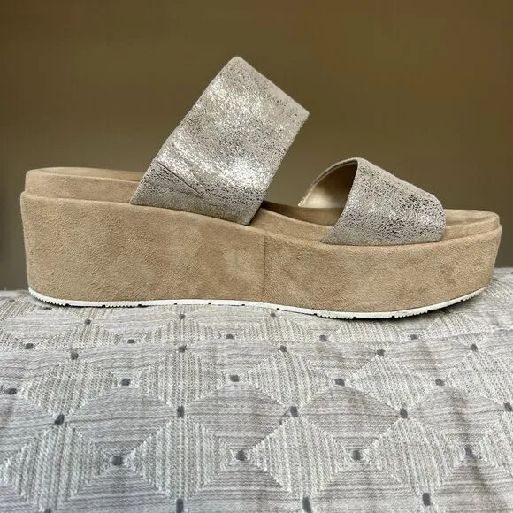 J Slides NYC Quincy Metallic Gold Brushed Suede Platform Sandals Women US 9.5 M