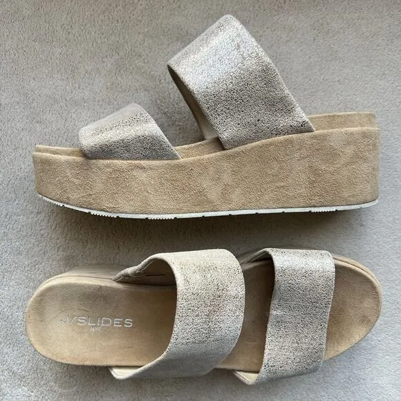 J Slides NYC Quincy Metallic Gold Brushed Suede Platform Sandals Women US 9.5 M
