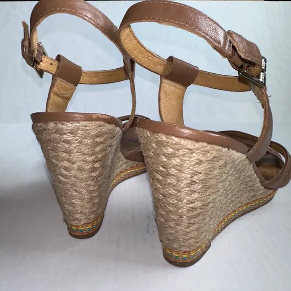 Jack Rogers Brown Leather Rainbow Espadrille Wedge Sandals Heels Womens 9.5
