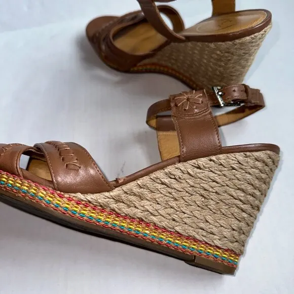 Jack Rogers Brown Leather Rainbow Espadrille Wedge Sandals Heels Womens 9.5