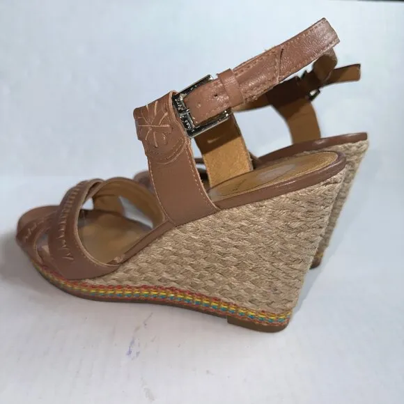Jack Rogers Brown Leather Rainbow Espadrille Wedge Sandals Heels Womens 9.5
