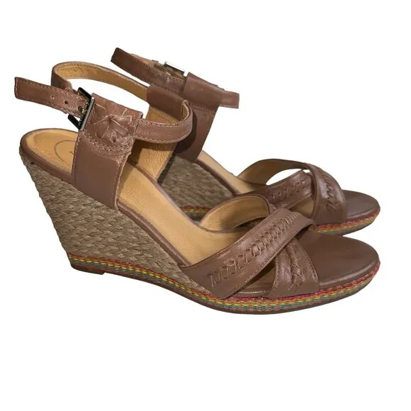 Jack Rogers Brown Leather Rainbow Espadrille Wedge Sandals Heels Womens 9.5