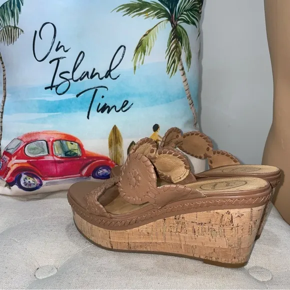 Jack Rogers Cognac Leigh Designer Wedge Slide Platform Sandals Size 8.5M