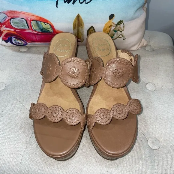 Jack Rogers Cognac Leigh Designer Wedge Slide Platform Sandals Size 8.5M