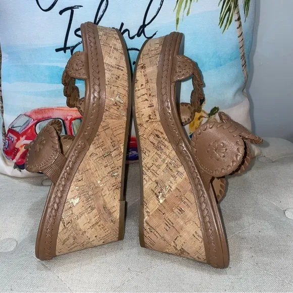 Jack Rogers Cognac Leigh Designer Wedge Slide Platform Sandals Size 8.5M