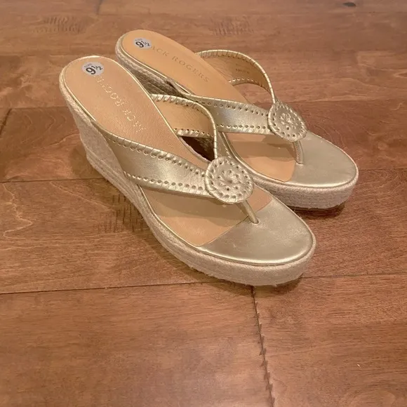 Jack Rogers Rowan Gold Metallic Wedge Platform Sandals 9.5