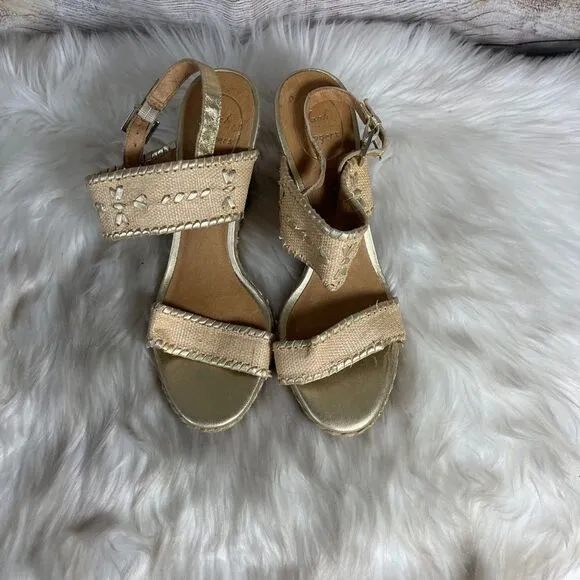 Jack Rogers Vanessa Gold Raffia Espadrille Wedge Sandals Sz 9