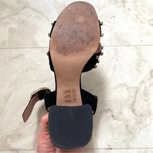 J.Crew Black Suede Penny Rhinestones Strappy Block Heels Sandals size 9.5