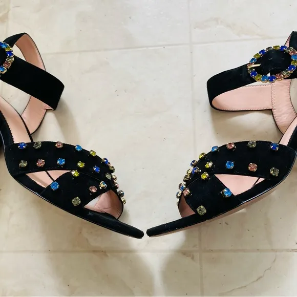 J.Crew Black Suede Penny Rhinestones Strappy Block Heels Sandals size 9.5