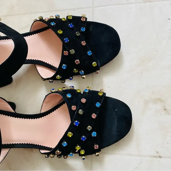 J.Crew Black Suede Penny Rhinestones Strappy Block Heels Sandals size 9.5