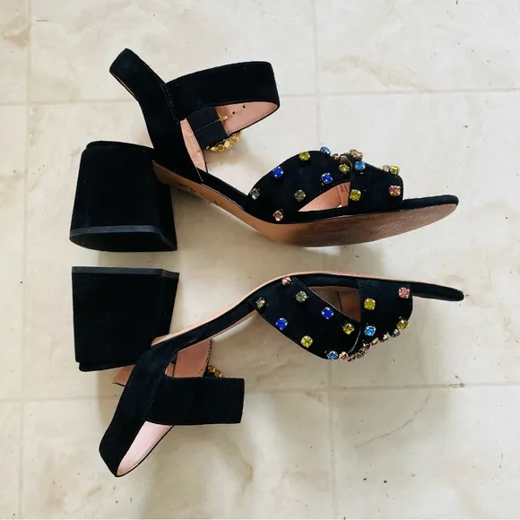 J.Crew Black Suede Penny Rhinestones Strappy Block Heels Sandals size 9.5