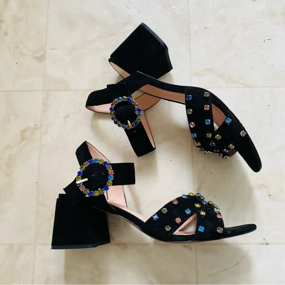 J.Crew Black Suede Penny Rhinestones Strappy Block Heels Sandals size 9.5