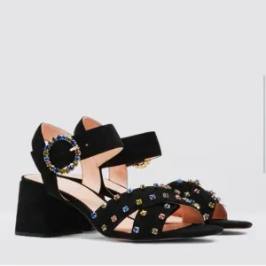 J.Crew Black Suede Penny Rhinestones Strappy Block Heels Sandals size 9.5