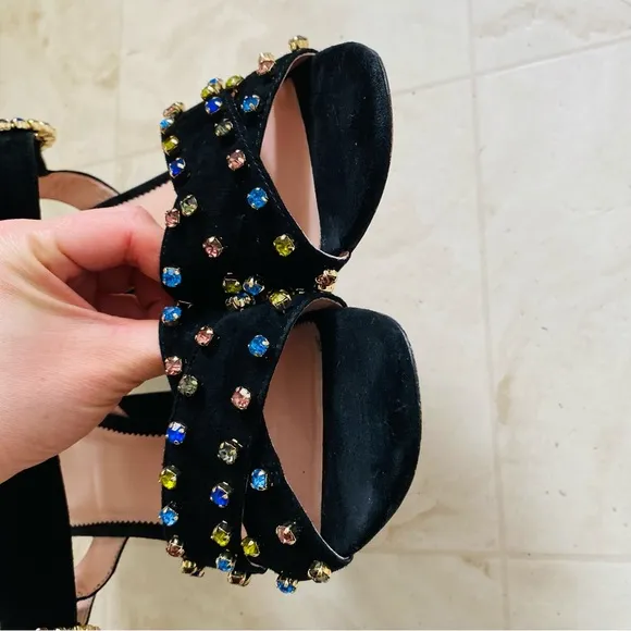 J.Crew Black Suede Penny Rhinestones Strappy Block Heels Sandals size 9.5