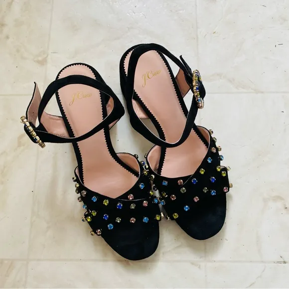 J.Crew Black Suede Penny Rhinestones Strappy Block Heels Sandals size 9.5
