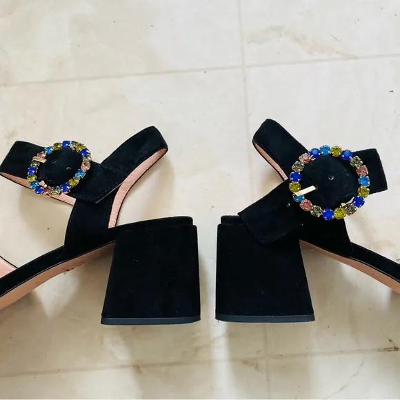 J.Crew Black Suede Penny Rhinestones Strappy Block Heels Sandals size 9.5