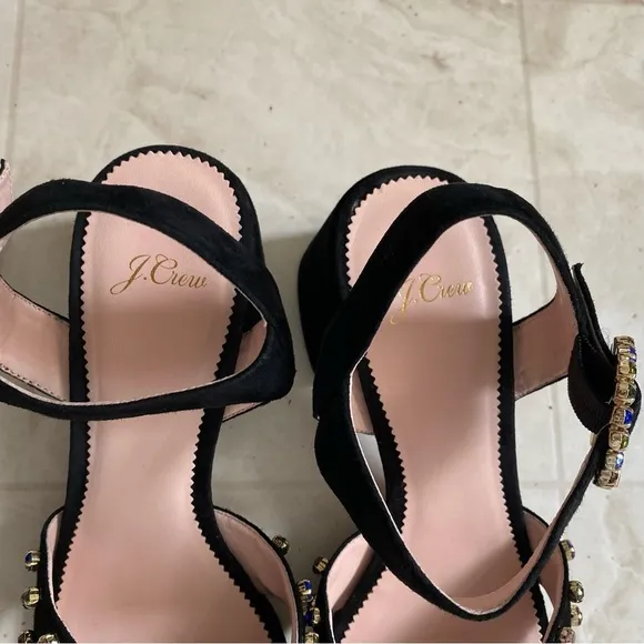 J.Crew Black Suede Penny Rhinestones Strappy Block Heels Sandals size 9.5