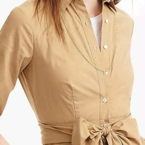J.CREW | Button-Up Tie-Waist Cotton Shirtdress in Honey Brown | 0