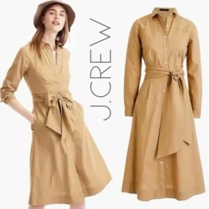 J.CREW | Button-Up Tie-Waist Cotton Shirtdress in Honey Brown | 0