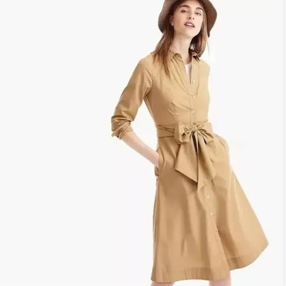 J.CREW | Button-Up Tie-Waist Cotton Shirtdress in Honey Brown | 0