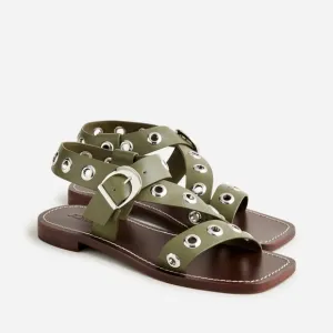 J.Crew Grommet cross-strap sandals in leather, olive size 7
