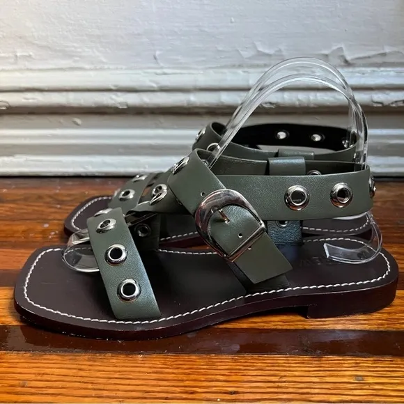 J.Crew Grommet cross-strap sandals in leather, olive size 7