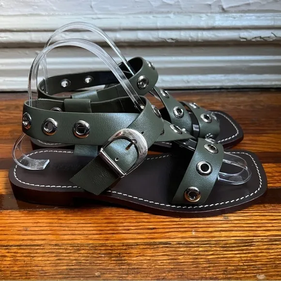 J.Crew Grommet cross-strap sandals in leather, olive size 7