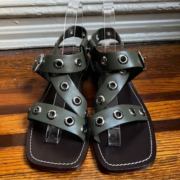 J.Crew Grommet cross-strap sandals in leather, olive size 7