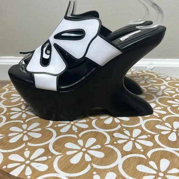 Jeffery Campbell white black platform Papillon butterfly leather mule wedge heel