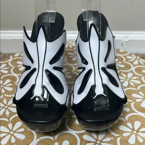 Jeffery Campbell white black platform Papillon butterfly leather mule wedge heel