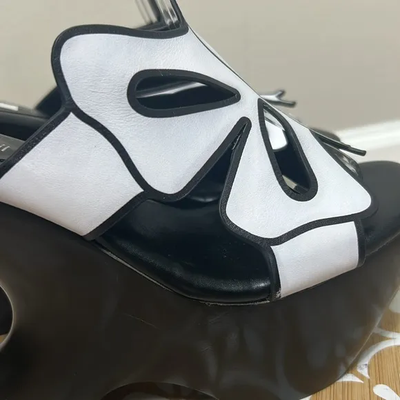 Jeffery Campbell white black platform Papillon butterfly leather mule wedge heel
